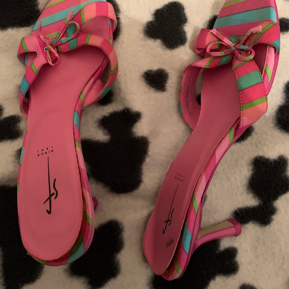 Hot pink and blue kitten heel slides